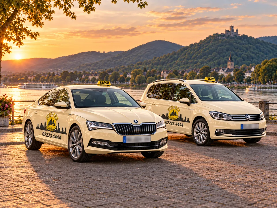 KI-Illustration: zwei City Car Taxis am Rheinufer im Abendlicht