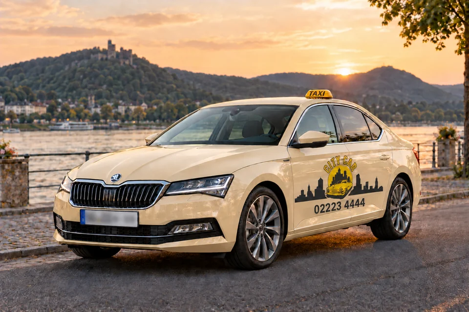 KI-Illustration: beige Škoda Superb Limousine mit beispielhafter Citycar-Beschriftung