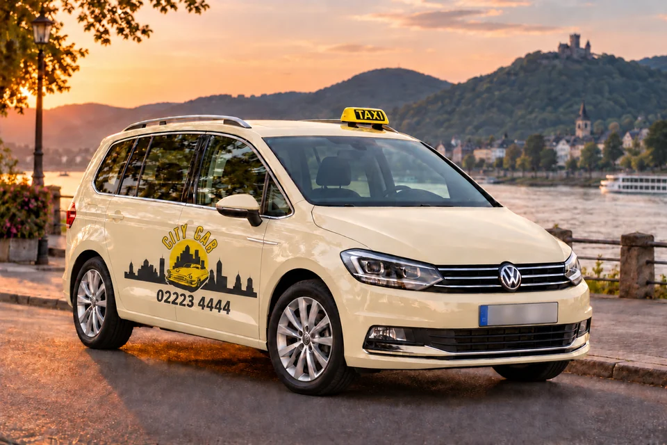 KI-Illustration: beiger VW Touran mit beispielhafter Citycar-Beschriftung