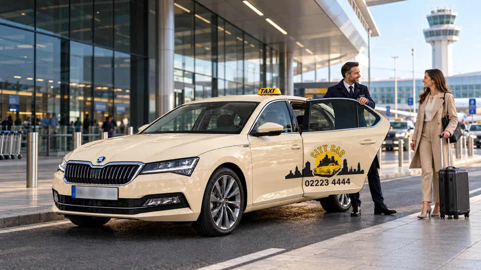 KI-Illustration: City Car Taxi vor einem Flughafen, der Fahrer hält einem Fahrgast die Tür auf